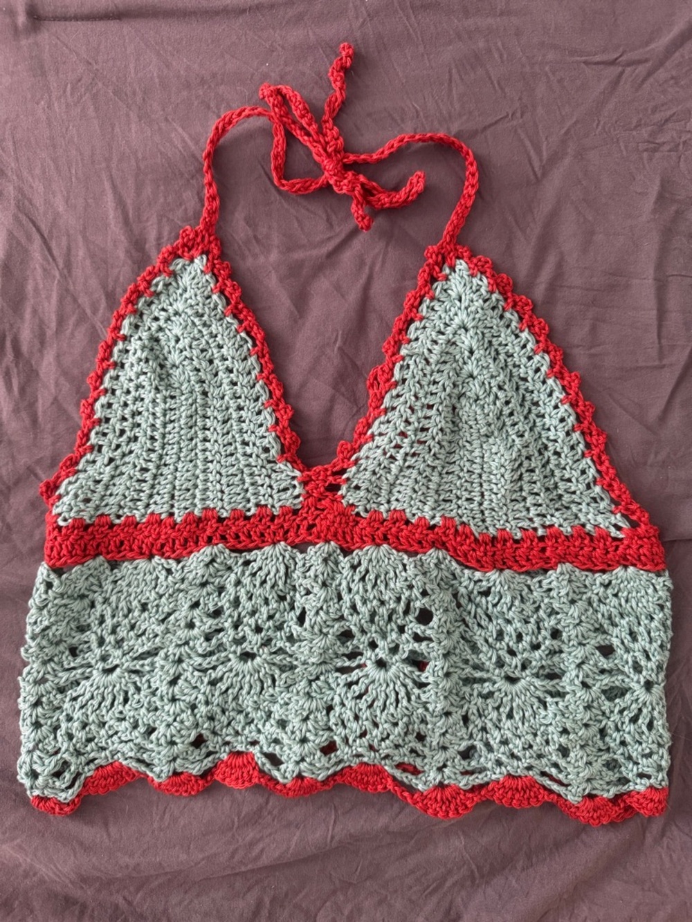 Handmade Crochet Bralette Top in Aquamarine and Coral Red